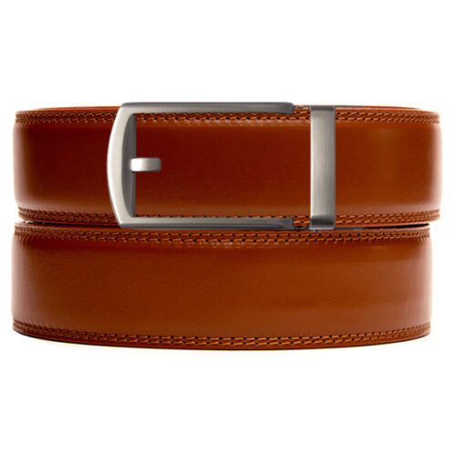 holeless belt strap in brown with a ratchet buckle