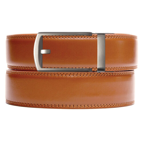 tan holeless belt strap with gunmetal ratchet buckle